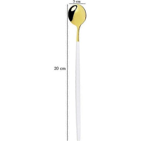 Ensemble de 4 cuillères à glace, dessert et thé en acier inoxydable à long manche (20 cm), cuillères à café colorées, couverts de cuisine, IHX blanc et or (1/5)