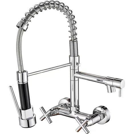 8-Zoll-Wandhahn in der Mitte, mit herausziehbarer Brause, Dual-Sprühmodus und Dual-Griff, Einhand-Feder-Küchenspülen-Wasserhahn mit hohem Lichtbogen, Chrom