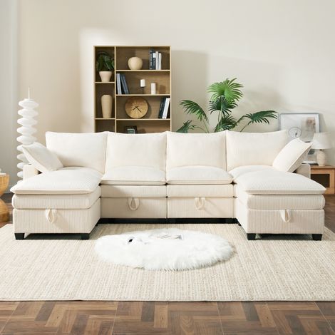 Divano modulare in velluto a coste beige 280x151x82 cm, configurazione L/U con 2 pouf, USB e contenitori