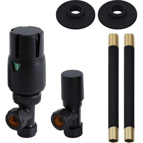 Milano Angled Thermostatic Heated Towel Rail Radiator Valves and Pipe Connector Kit - Black (1/5)