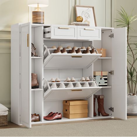 Weißer Schuhschrank 120 x 24 x 107 cm mit 2 Schubladen, verstellbaren Regalen und 2 Türen HAVRYA (1/5)
