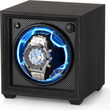 Watch Winder - Automatic Single Watch Winder with Quiet 5 dB Motor - Light-Sensitive Start-Stop Function - 2 Rotation Modes - Wooden Box with Blue LED - 1 Unit