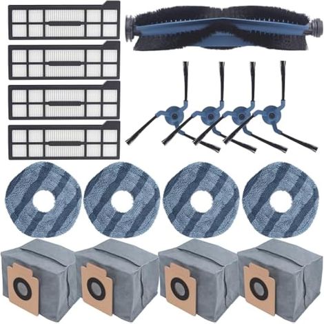 Set di ricambio da 17 pezzi compatibile con l'aspirapolvere robot Eufy X10 Pro Omni, comprendente: 1 spazzola a rullo, 4 spazzole laterali, 4 filtri lavabili, 4 panni per la pulizia e accessori.