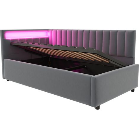 Polsterbett 90 x 200 cm mit LED und hydraulischem Bettkasten, grauer Samt (1/5)