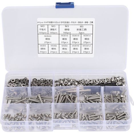 Kit de 662 pièces vis à tête fraisée cruciforme M3 + rondelle plate élastique + écrou (1/5)