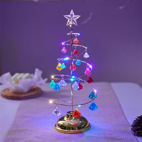 Lampe De Noël En Forme D Arbre - Fil De Cuivre Avec Cristaux Acryliques - Lumière Led Douce Pour Intérieur - Fonctionne Sur Piles - 1 Pièce (1/2)