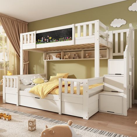 Lit superposé 3 places 90x200 et 140x200 cm, lit mezzanine cabane enfant avec escalier de rangement tiroirs et ardoise de dessin, Blanc