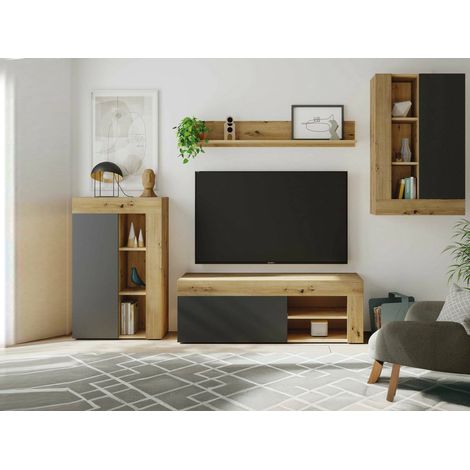 Dmora - Parete attrezzata Watertown, Set da soggiorno moderno, Mobile salotto multiuso, 260x41h102 cm, Rovere Nodi e Antracite, con imballo rinforzato (1/5)