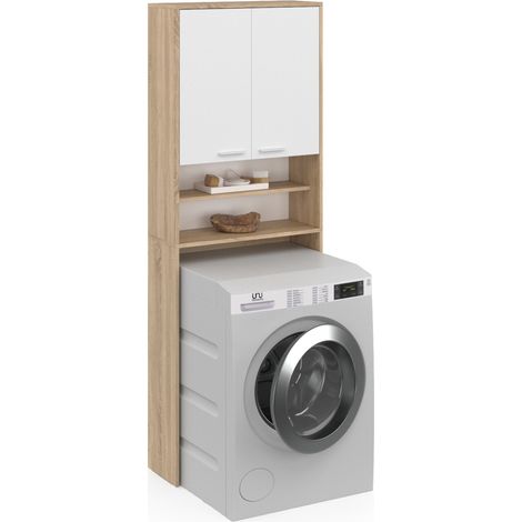 Idmarket – Meuble dessus machine à laver et WC WALLIS – Rangement bicolore blanc et hêtre – Dimensions 65x24x180 cm – Étagères ajustables