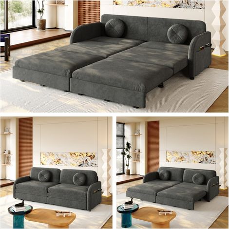 3-Sitzer-Schlafsofa 206 × 84 × 90 cm aus grauem Chenille, 3-in-1 platzsparend – MEUBLIV (1/5)