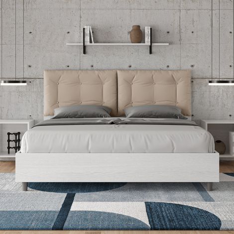 Letto matrimoniale contenitore 160x190 bianco frassino cuscini similpelle tortora Egos Annalisa (1/5)