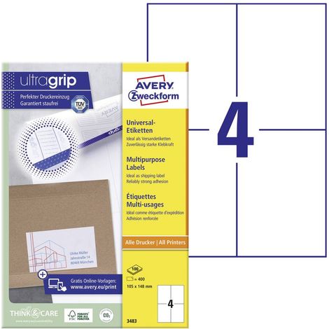 Avery-Zweckform 3483 Etichetta universale 105 x 148 mm Carta Bianco 400 pz. A tenuta permanente Stampante a getto d'inc (1/5)