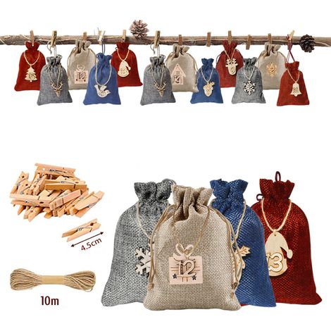 Calendrier de l'Avent 24 Pochettes à Remplir DIY, Sachets Cadeaux avec Cordes en Chanvre et Pinces, Déco de Noël pour Fêtes et Faveurs (1/3)