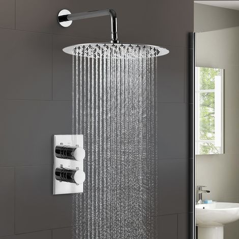 Lily 2 Dial 1 Way Round Concealed Thermostatic Mixer Valve & Thin 300mm Round Shower Head Chrome (1/5)