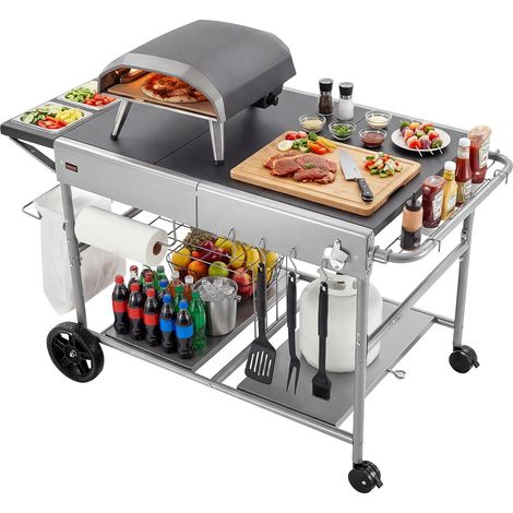 VEVOR Carro de Barbacoa para Exterior, Mesa de Barbacoa con Ruedas y Estante, Carrito con 4 Recipientes para Especias, Tapas y Ganchos, Mesa Auxiliar para Jardín, Picnic, Cocina, Patio (1/5)