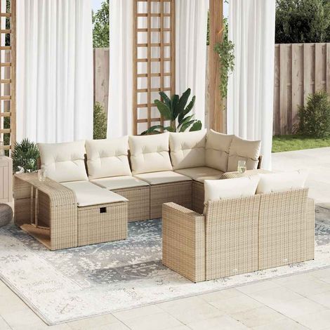 Ensemble Salon Jardin Résine Tressée 10 Places avec Coussins Beige - 8 Sièges + Pouf + Étagères de Rangement (1/4)
