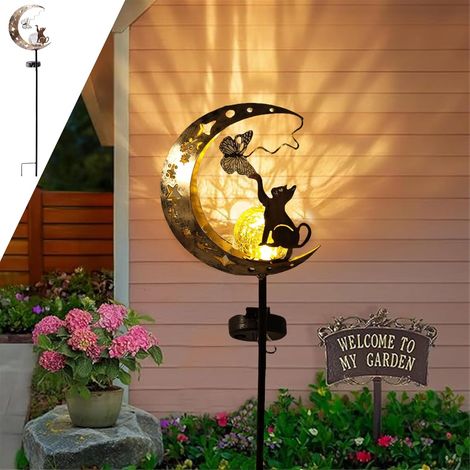 Solar Garden Lights with Moon and Cat Pattern, Solar Lamp for Balcony, Patio, Yard, Waterproof IP55 Metal and Glass (1/5)