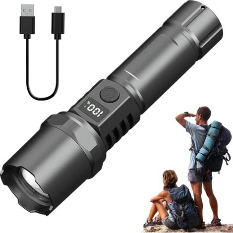 Lampe de poche LED rechargeable, lampe de poche LED extrêmement lumineuse 150000 Lumens, lampe de poche étanche alimentée par batterie, lampe de poche rechargeable par USB [Classe énergétique A+++] (1/5)