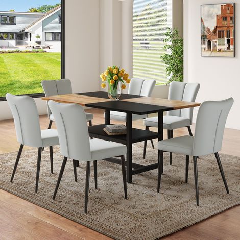 DESMIU Table de salle à manger rectangulaire 160 cm avec niche de rangement, 4 chaises, pour salle à manger, MDF, métal, brun et noir (1/5)