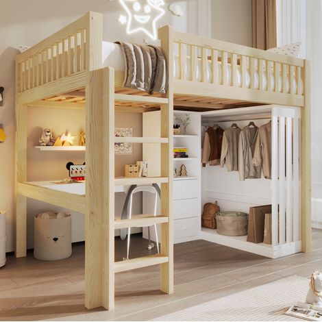 Letto a soppalco 140x200 cm con scrivania, armadio, 3 cassetti e scala, naturale, OKWISH (1/5)