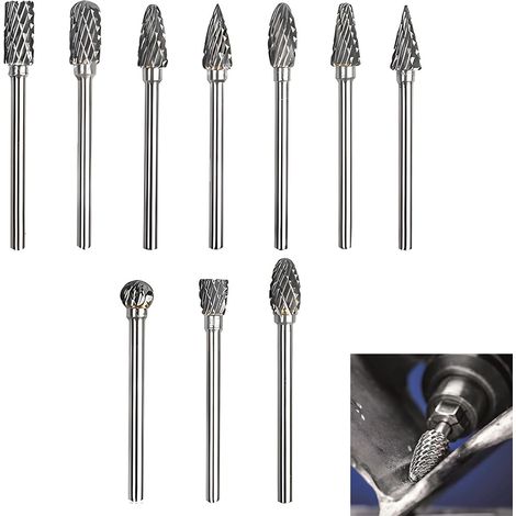 Jeu De Fraises Rotatives En Carbure Tungstène À Double Coupe – 10 Pièces Avec Embout Tenonne Meche Bois Tige 1/8" Pour Sculpture Sur Bois, Gravure, Polissage Et Travail Du Métal - (1/5)
