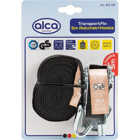 alca® Spanngurt 1 x 5 m mit Ratsche + 2 Stahlhaken 122,5 daN schwarz verstellbar mit Ratschenspanner Spanngurt zertifiziert nach DIN EN 12195-2
