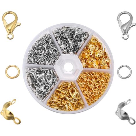 Ensemble de 460 fermoirs pour bijoux, fermoirs mousquetons, anneaux de jonction et connecteurs avec étui en plastique.