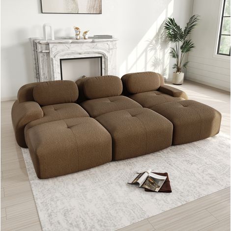 Canapé d’angle modulaire 298x178x75 cm marron en velours côtelé sans cadre avec 3 poufs (1/5)