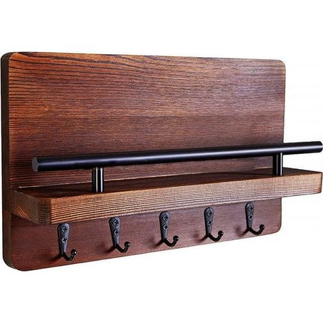 Porte-clés mural en bois avec 5 crochets, organiseur de courrier et clés, rangement décoratif à fixer au mur, support à accrocher pour entrée, lot de 1, finition naturelle (1/5)