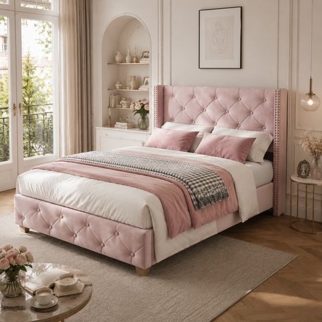 DESMIU Lit Simple 1 Place avec Tête de Lit Rembourrée, Capitonnage et Clous Décoratifs 90 × 200 cm sans matelas (1/5)