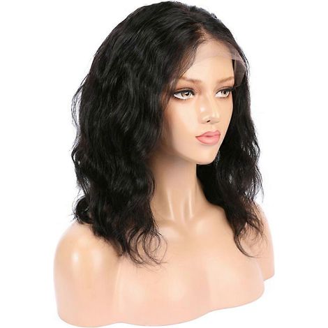 Perruque courte bouclée pour femme, perruque frontale en dentelle, aspect naturel, filet élastique (noir) (1/5)