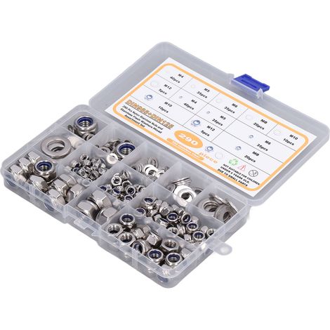 290 Pièces Kit Écrous et Rondelles en Acier Inoxydable 304 avec Freins Nylon, Tailles M4 M5 M6 M8 M10 M12 (1/5)