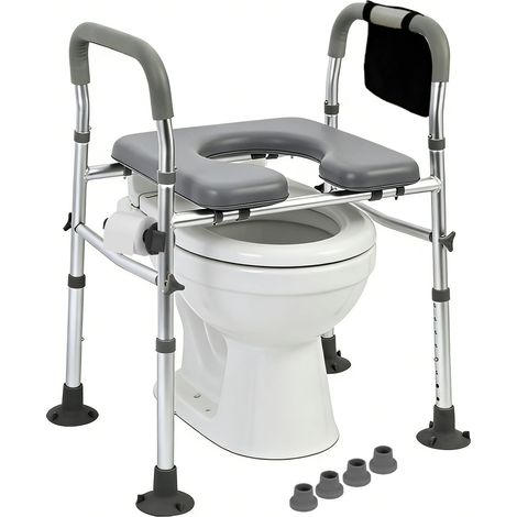 Siège de toilette surélevé avec poignées - 8 positions réglables en hauteur de 68 à 85 cm - Avec porte-mouchoirs - Sac de rangement de 150 kg - Handicap - Pour toutes les toilettes, personnes âgées (1/5)