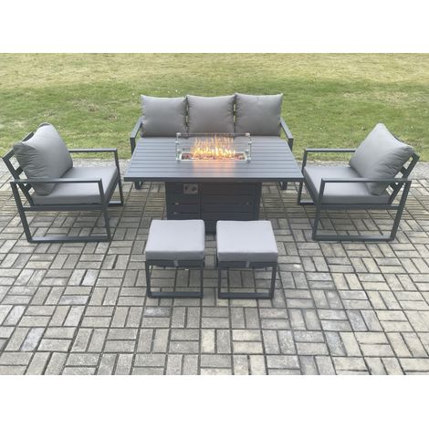 Fimous Aluminium Outdoor Garden Furniture Set Gas Fire Pit Dining Table Set Gas Heater Burner with 2 Arm Chair 2 Small Footstools Dark Grey 7 Seater (1/5)