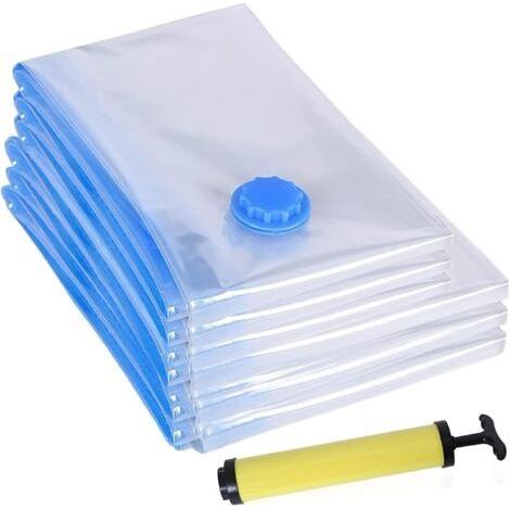 Bolsas de sellado al vacío para ropa, WKTRSM, 6 piezas (3 piezas de 80 x 60 cm, 3 piezas de 100 x 80 cm, + 1 bomba manual). Almacenamiento de compresión reutilizable para ropa, edredones, mantas, etc. (1/5)