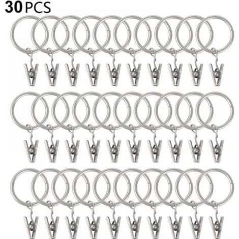 Lot de 30 anneaux de rideaux avec clips, solides, crochets sur supports de tringle, œillets métalliques de diamètre intérieur, pour rideaux décoratifs, cadres de fenêtre, argent,25mm (1/4)