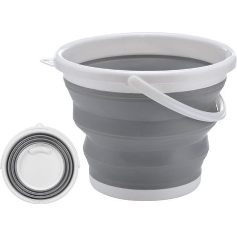 Seau pliable en silicone - Seau de 10 L avec poignée - Seau pliable multifonction pour le camping, la lessive, le nettoyage des vitres et les activités de plein air (gris) (1/4)