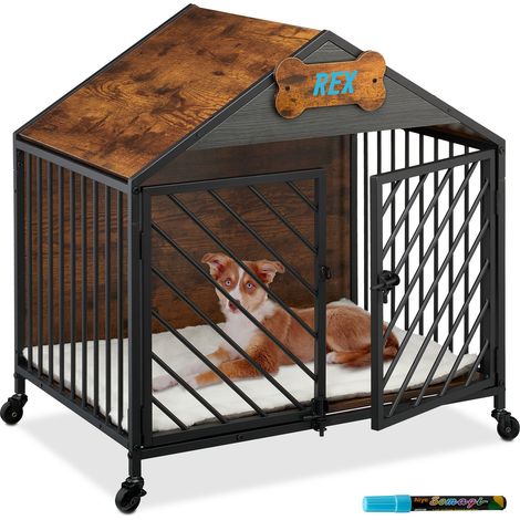 Relaxdays Hundekäfig für Zuhause, Industrial, HBT 73x70x53 cm, Hundemöbel mit Rollen, Zwinger, MDF, Stahl, braun/schwarz