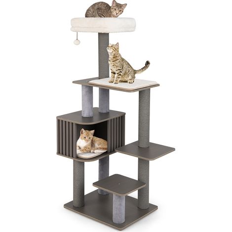 Arbre à Chat Multi-niveaux Haut 151CM, Perchoir Coussiné, Niche Style Clôture Moderne, Mobilier d'Escalade en Bois avec Boule Suspendue, Gris (1/5)