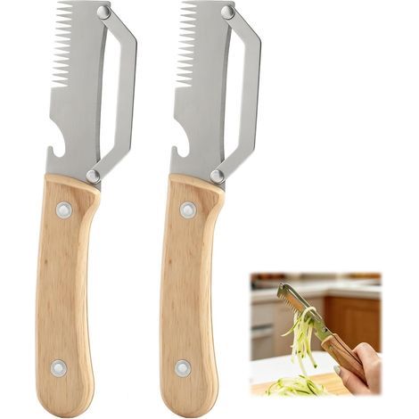 2er-Set 3-in-1 Multifunktions-Obst- und Gemüseschäler, ultrascharfe Edelstahlklinge, ergonomischer, rutschfester Holzgriff, integrierter Flaschenöffner und Reibe, Küchenhelfer (1/5)