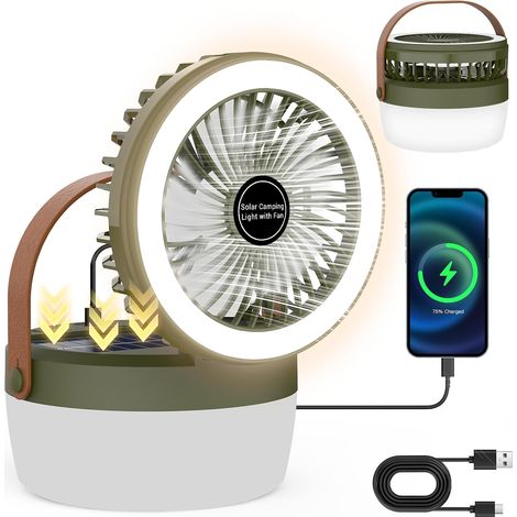 Ventilateur de camping solaire avec lumière LED – Ventilateur portable rechargeable avec 3 vitesses, 4 modes d'éclairage, USB et solaire, pliable et suspendu pour camping, voyage, plage (1/5)