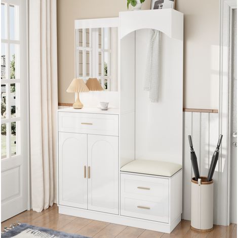 Kompaktgarderobe 110x33x185.5 cm, Garderobenschrank mit Spiegel, Schuhbank und verstellbaren Einlegeböden, MDF, Weiß (1/5)
