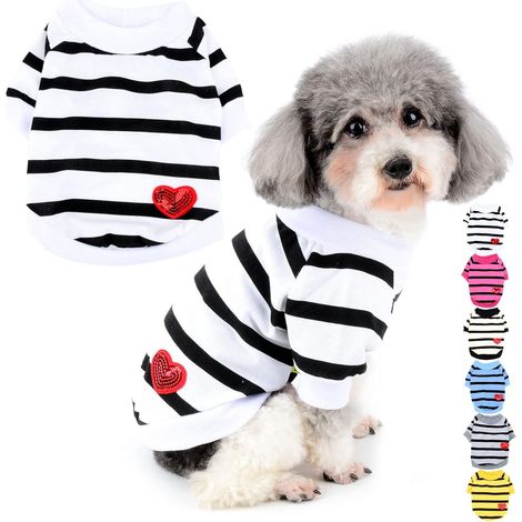 T-shirt chien petit coton rayures paillettes coeur blanc XS vêtement été chiot fille garçon (1/5)