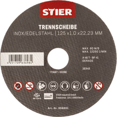 STIER Trennscheibe Edelstahl 125 x 1,0 x 22,23 mm, Form gerade 5 Stk