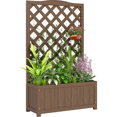 Fioriera con traliccio, contenitore per piante rampicanti, ortaggi, fiori, realizzata in legno massello, 70x28x117 cm, marrone scuro.