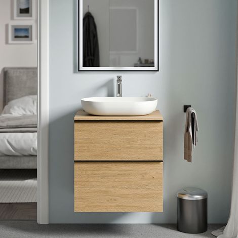 BERNSTEIN - Mobile lavabo sospeso MDF rovere miele, Piano lavabo rovere miele, maniglia cromata - 60x46x62cm - LAVOA	cromo, Rovere Miele Oro, Rovere miele oro