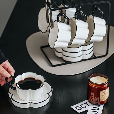 BelleRise - Ensemble tasse à café et soucoupe en céramique — Style minimaliste nordique — Tasse et soucoupe en forme de pétale