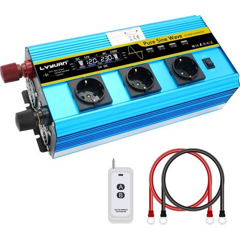 Convertisseur de courant 12 V 230 V onde pure 2500 W/5000 W Écran LCD onduleur onde pure transformateur avec télécommande et 4 ports USB 3 prises (1/5)