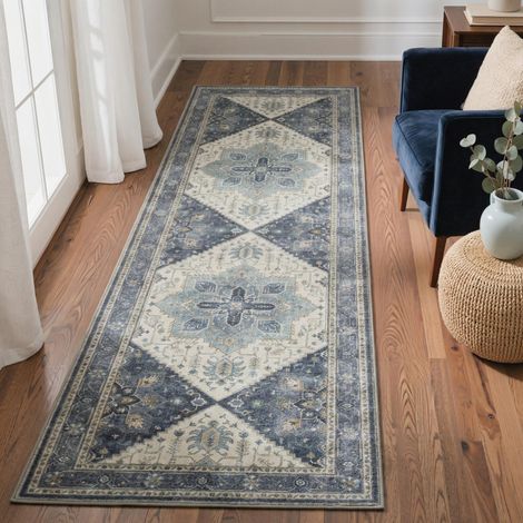 Tapis Salon Vintage Entree 80x150cm Lavable en Machine AntidéRapant Poil Ras, pour Chambre Salle a Manger Descente de Lit Bureau, Cuisine, Bleu Gris et Ivoire (1/5)