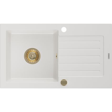 Mexen Pablo évier en granit à 1 cuve avec égouttoir 752 x 436 mm, Blanc, siphon Or - 6510751010-20-G (1/5)